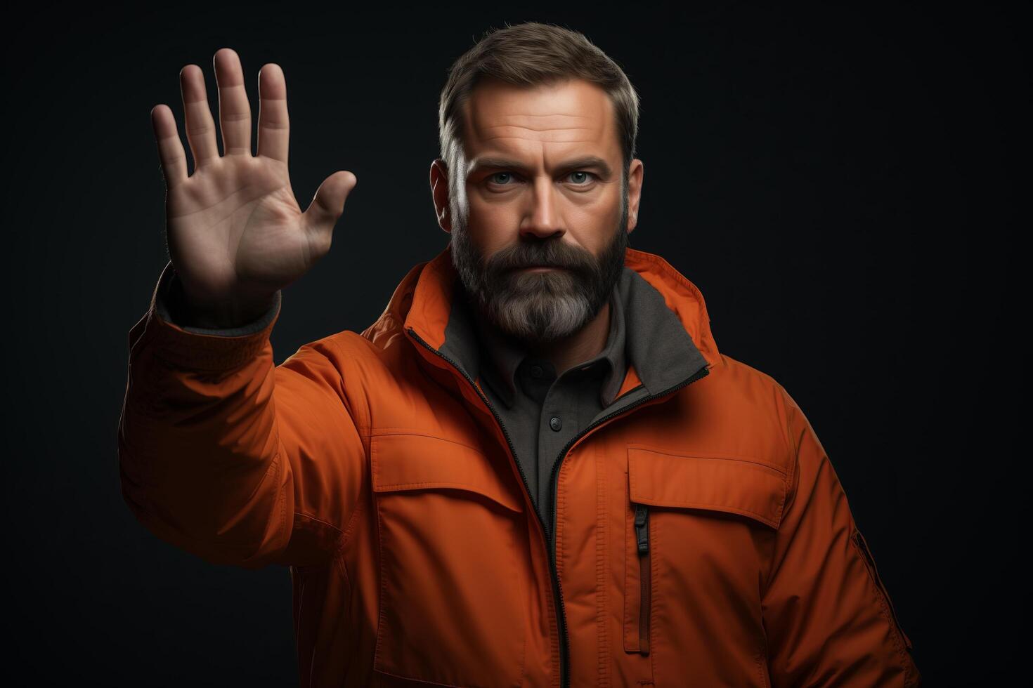 A man with a beard holds up his hand, palm forward, with a serious expression on his face photo