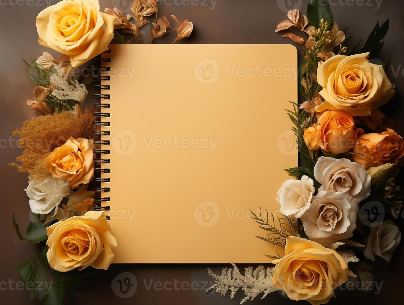 An open notebook lies on a surface, surrounded by various colorful flowers and leaves around it. photo