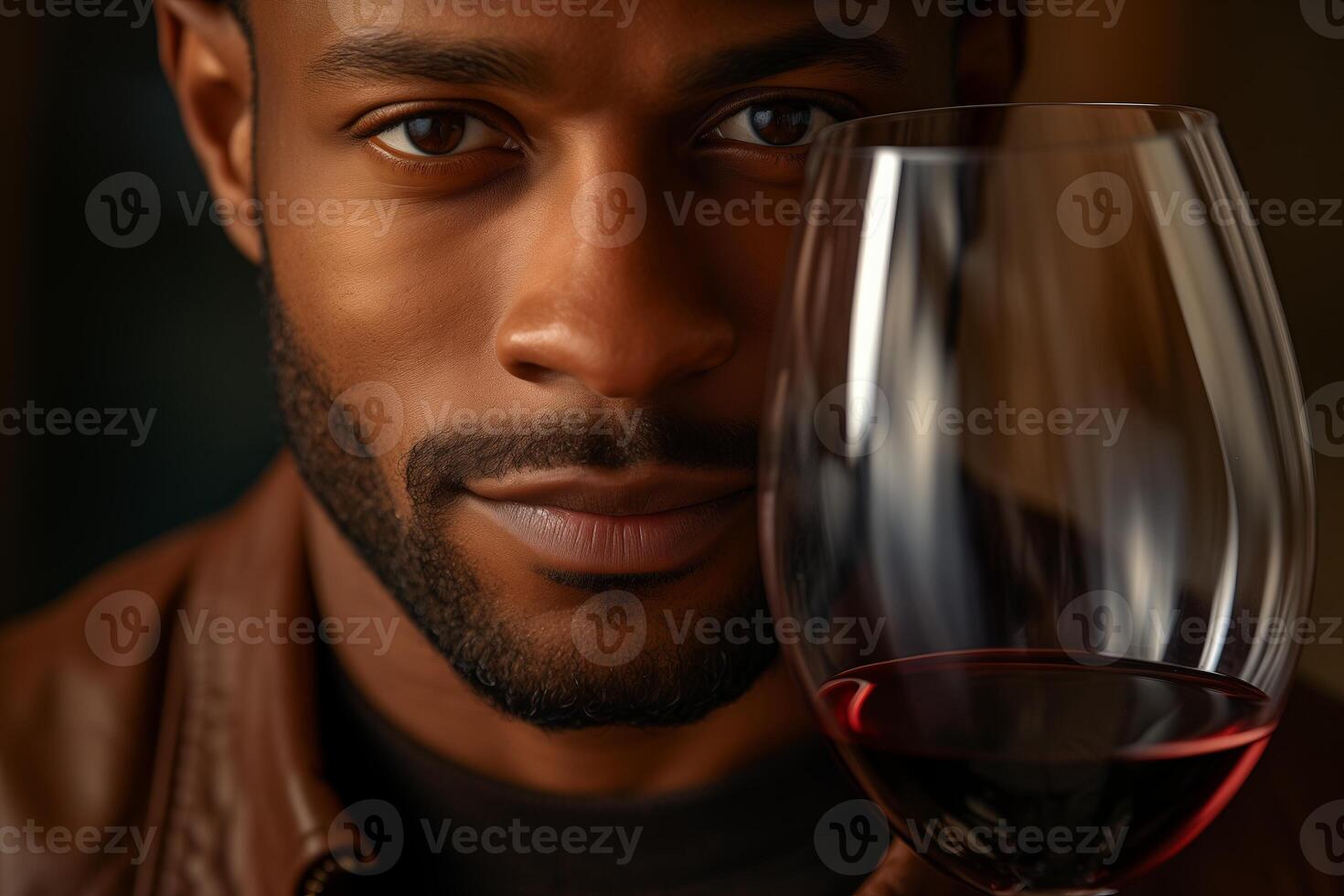A close-up image of a man's face and a glass of red wine. The man has a beard and is looking directly at the camera photo