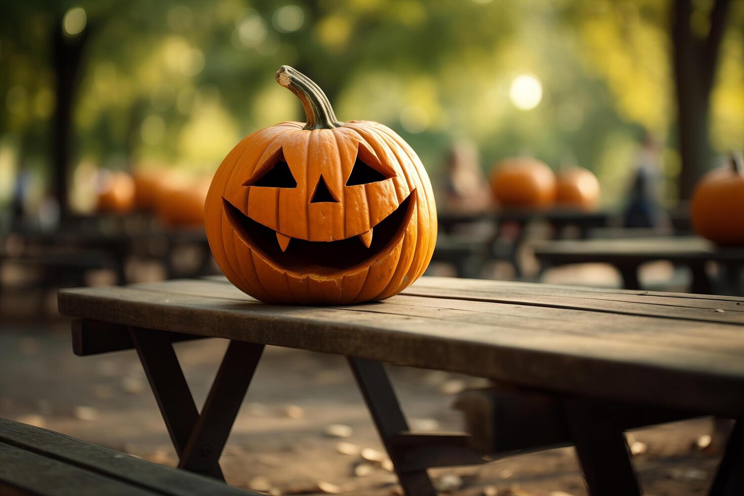 A carved pumpkin sits on a picnic table. The pumpkin has a carved face with a wide smile and large eyes. The table is made of wood and has a brown finish photo