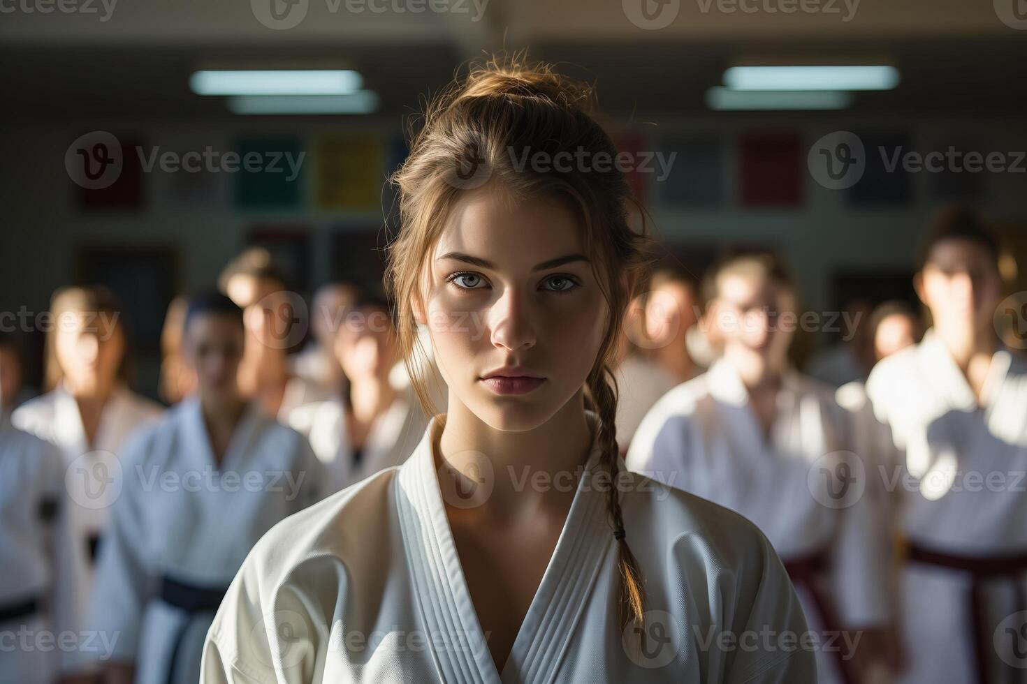 A focused young girl in a karate uniform with a black belt stands confidently at the forefront of her peers during training session. photo