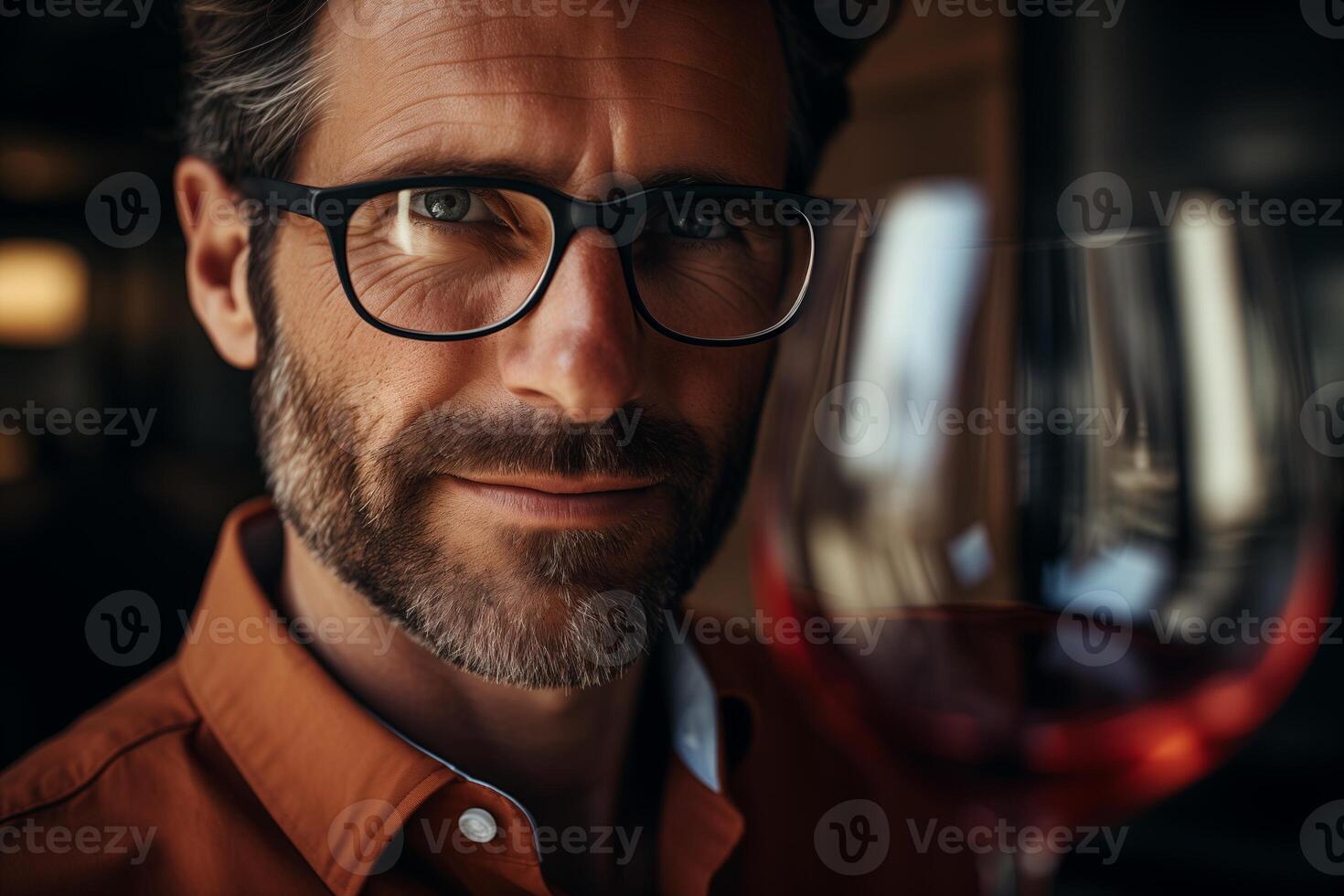 A close-up image of a man's face and a glass of red wine. The man has a beard and is looking directly at the camera photo