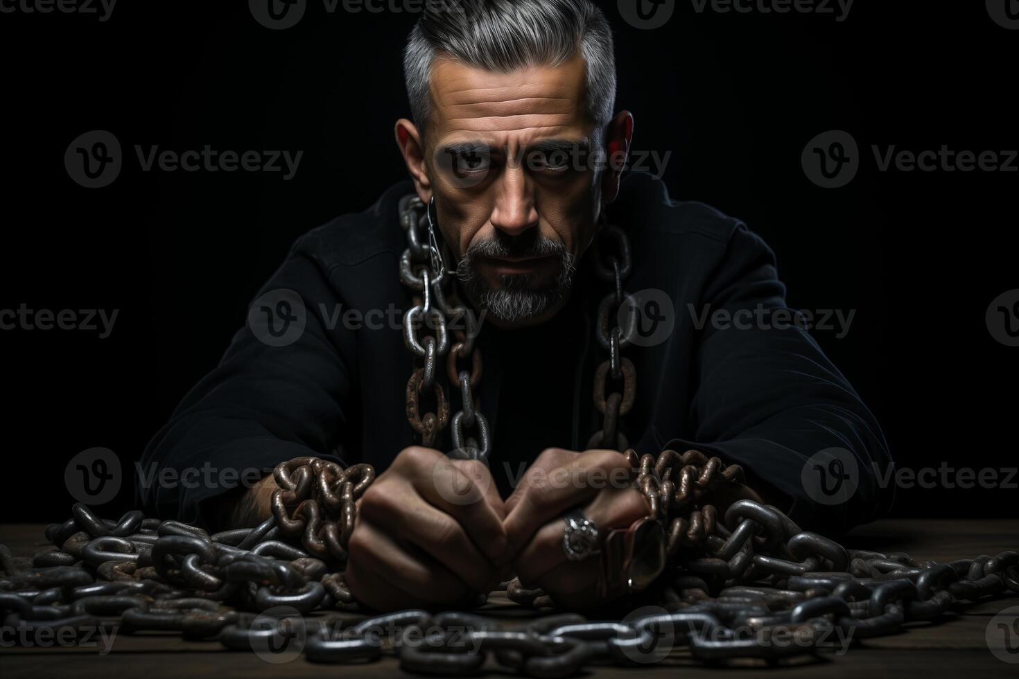 A man sits with his hands restrained by chains on a table in a stark setting. photo