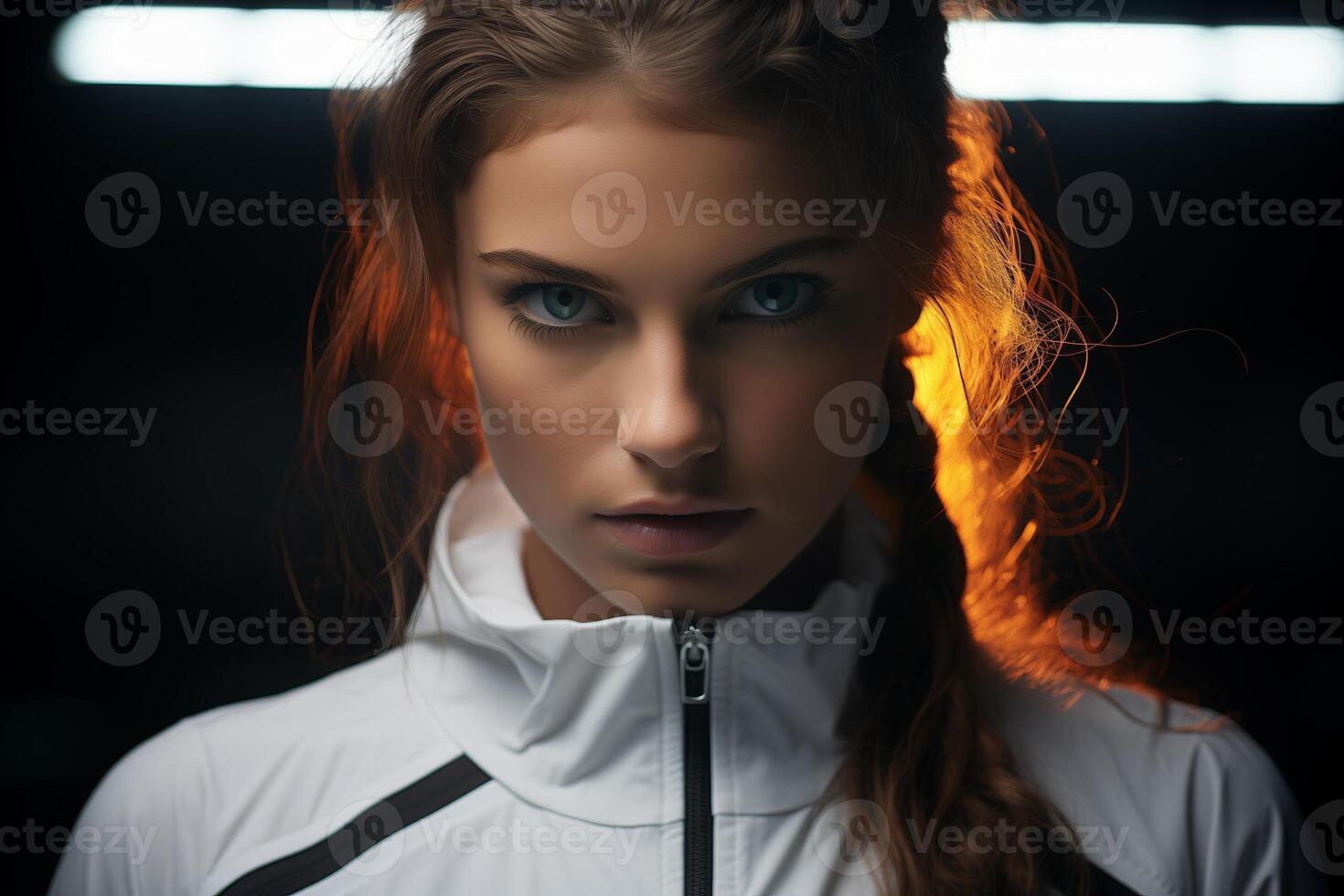 A woman with long red hair, wearing a white jacket with black accents, stares intently into the camera. She is illuminated by an orange light behind her. photo