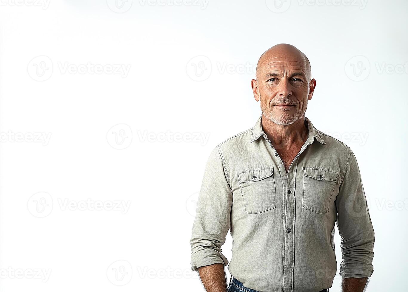 Bald man standing, white background, isolated photo