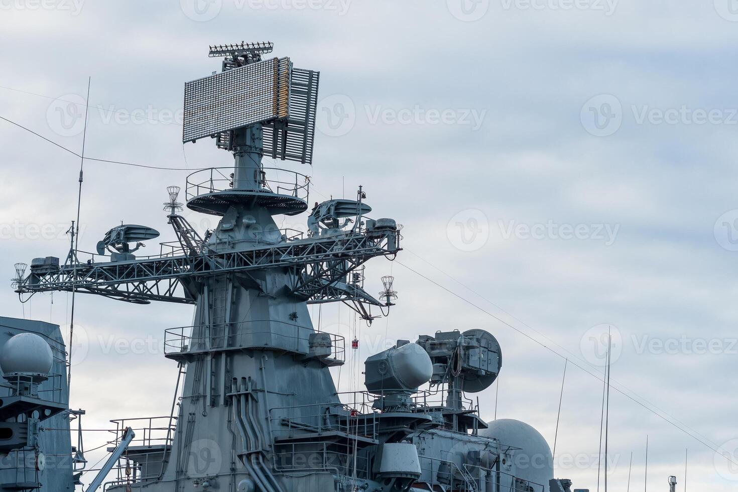 naval military background, concept, fragment of a modern warship with a navigation and radar equipment photo