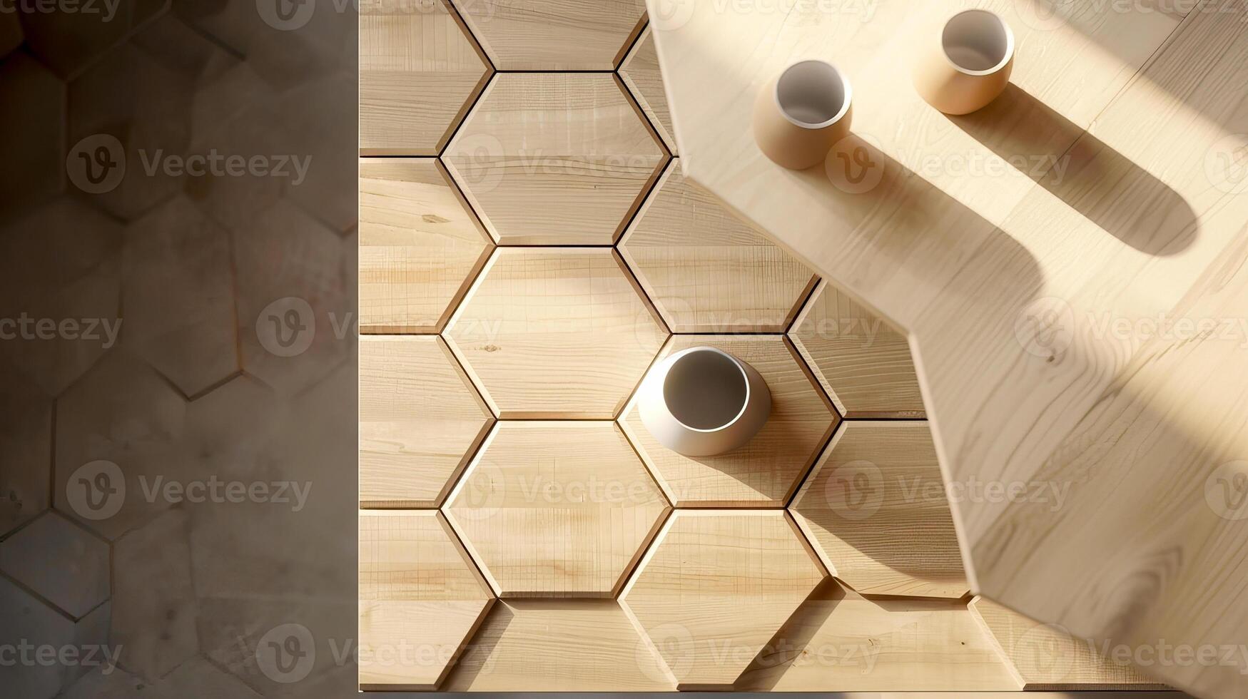 Sunlit hexagonal wooden tiles and cylindrical cups on a matching wooden surface, creating a warm and modern aesthetic. photo