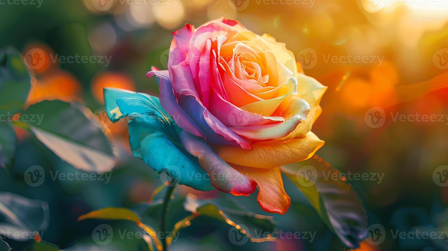A vibrant multicolored rose blooms in a sunlit garden showcasing a rainbow array of petals with a warm, glowing bokeh background. photo
