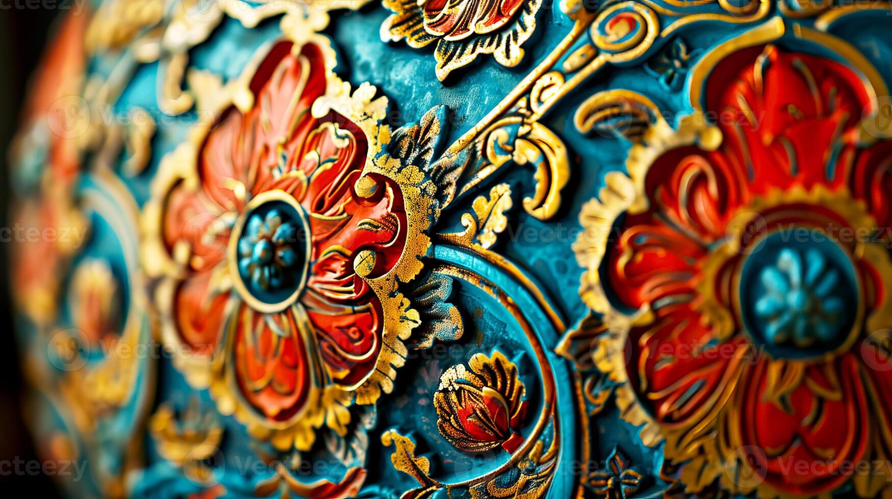 Vibrant floral patterns intricately designed in metalwork, showcasing artistry and craftsmanship with brilliant colors. photo