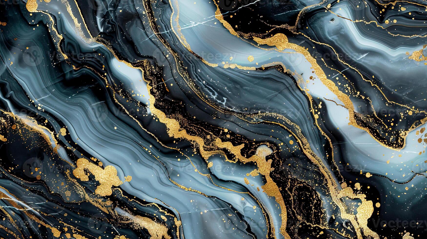 An elegant abstract design featuring swirling patterns in blue, black, and gold, perfect for backgrounds and art projects. photo