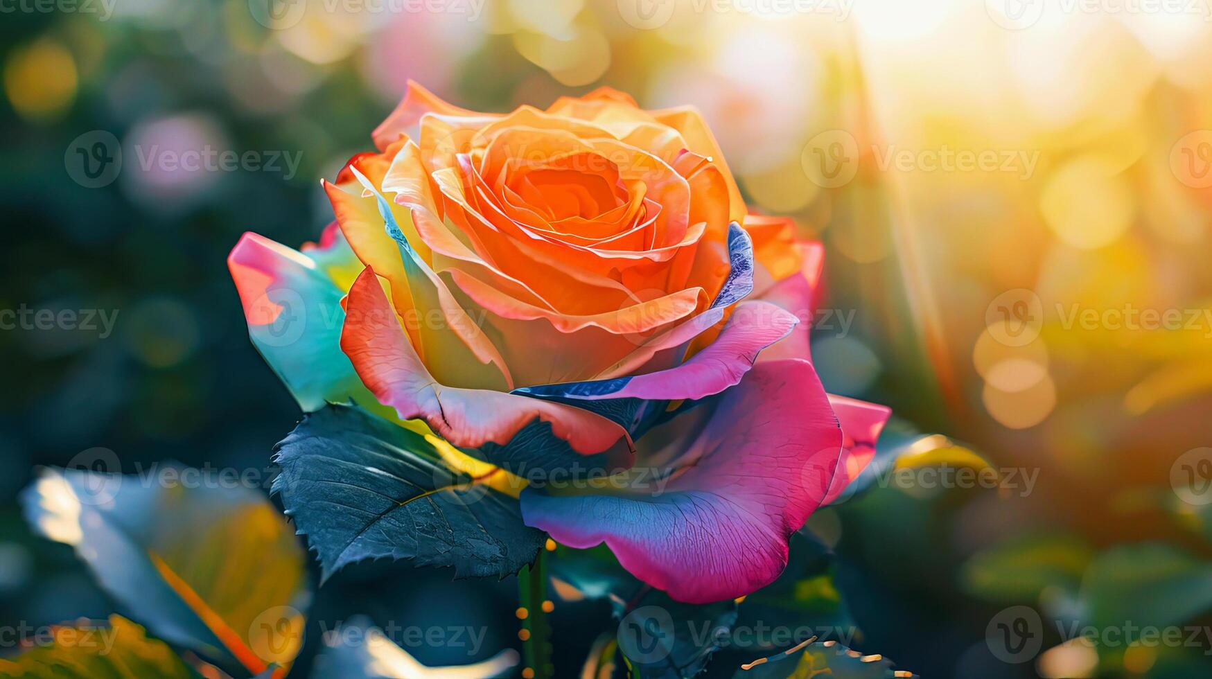 Beautiful close-up of a vibrant multicolored rose in full bloom, illuminated by warm sunlight in a garden setting. photo