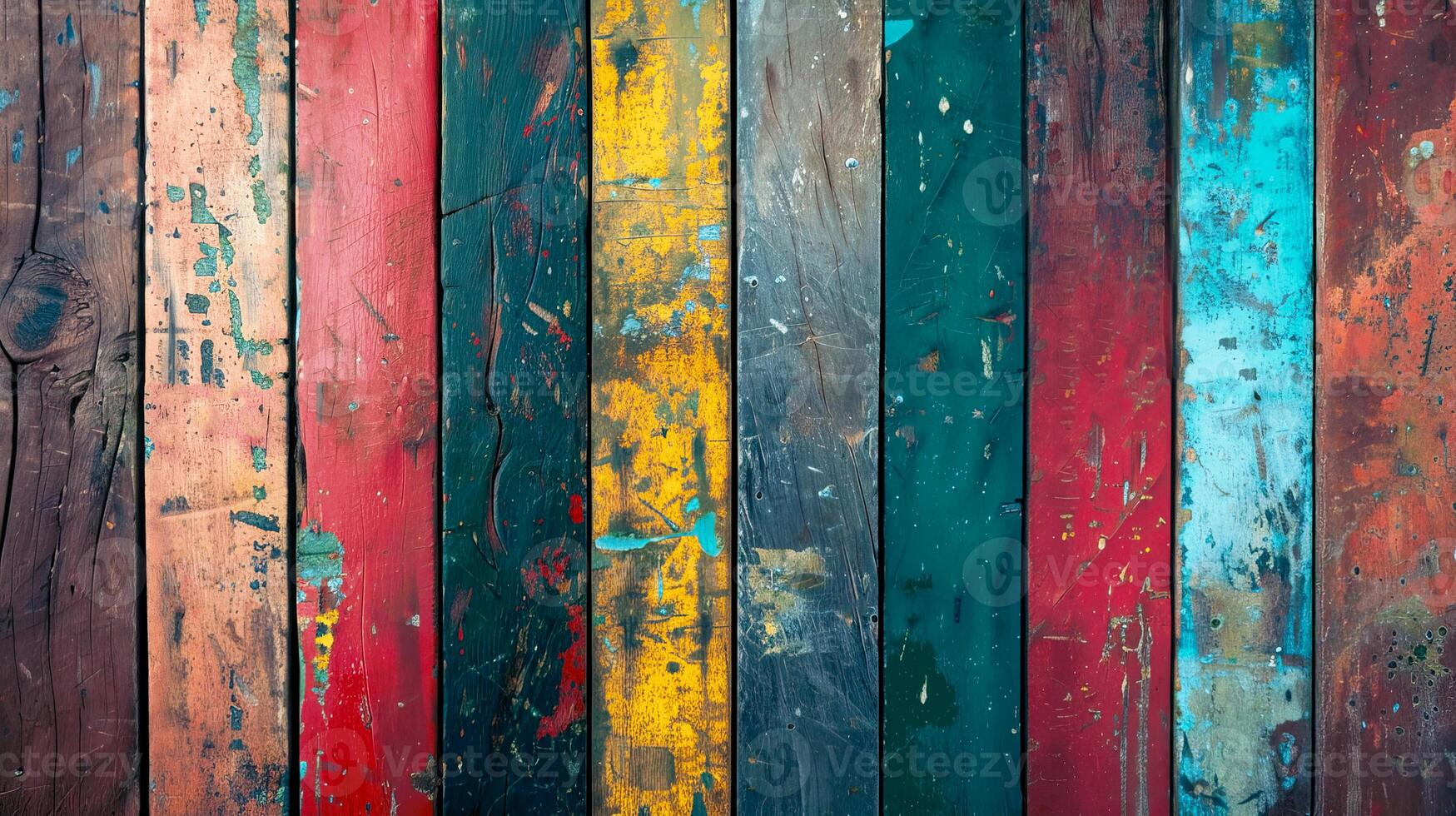 Colorful and weathered wooden planks create a vibrant and artistic background texture, perfect for design projects and visual crafts. photo