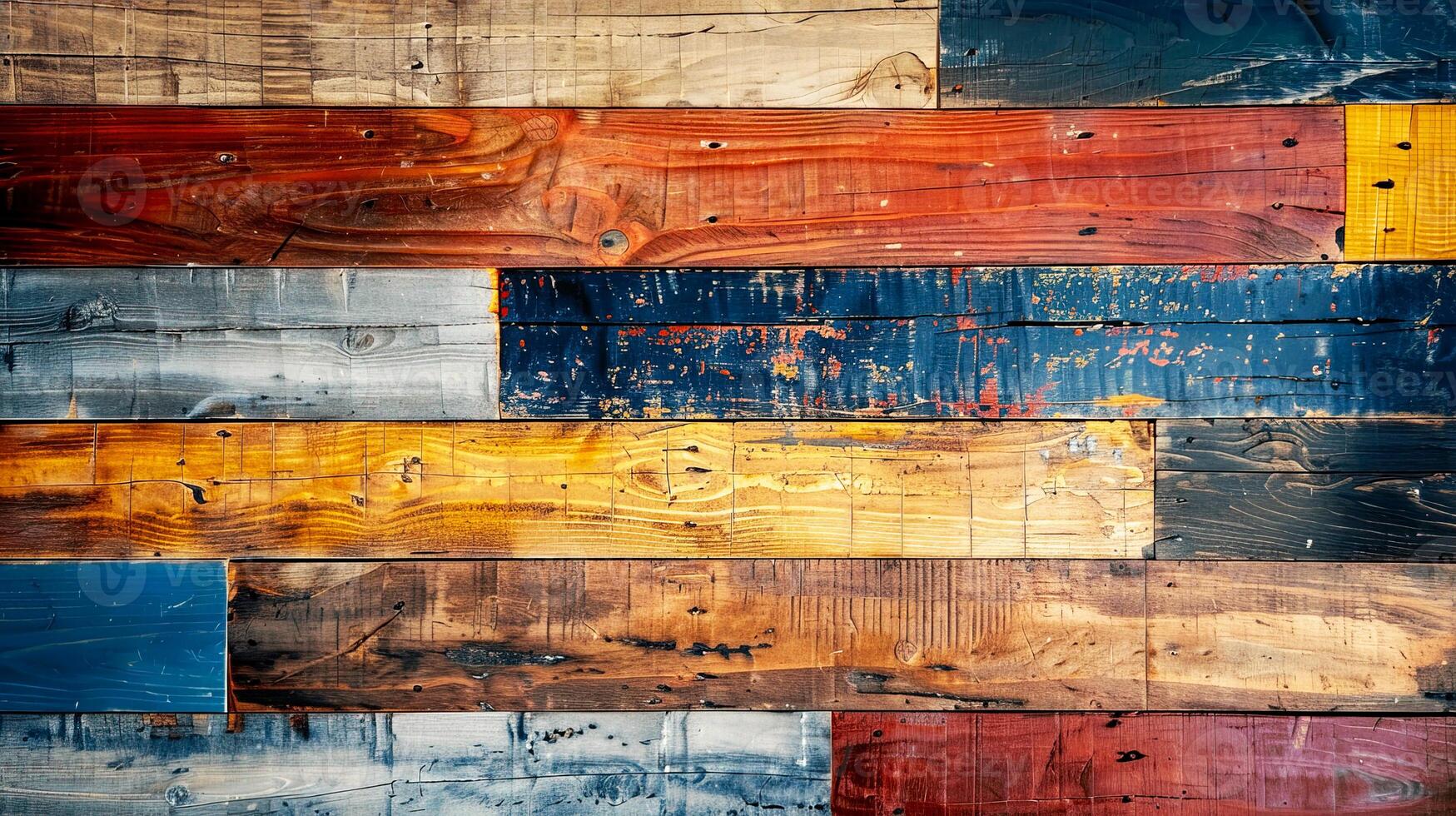 Colorful wooden planks arranged in a creative pattern, ideal for backgrounds or rustic designs showcasing natural textures. photo