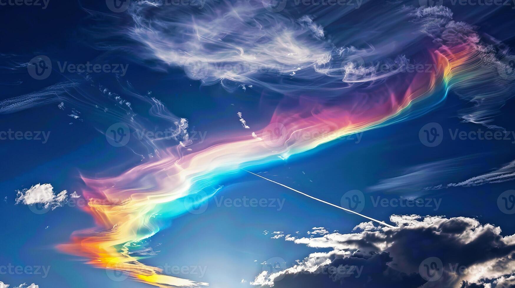 Fire rainbow looks like the clouds emit colored light in form of large spectral bands shining brightly on the blue sky photo