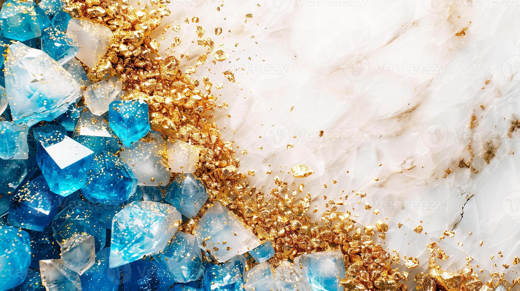 A vibrant macro shot of blue crystals and gold flakes on a marble background, creating a luxurious and dynamic contrast. photo