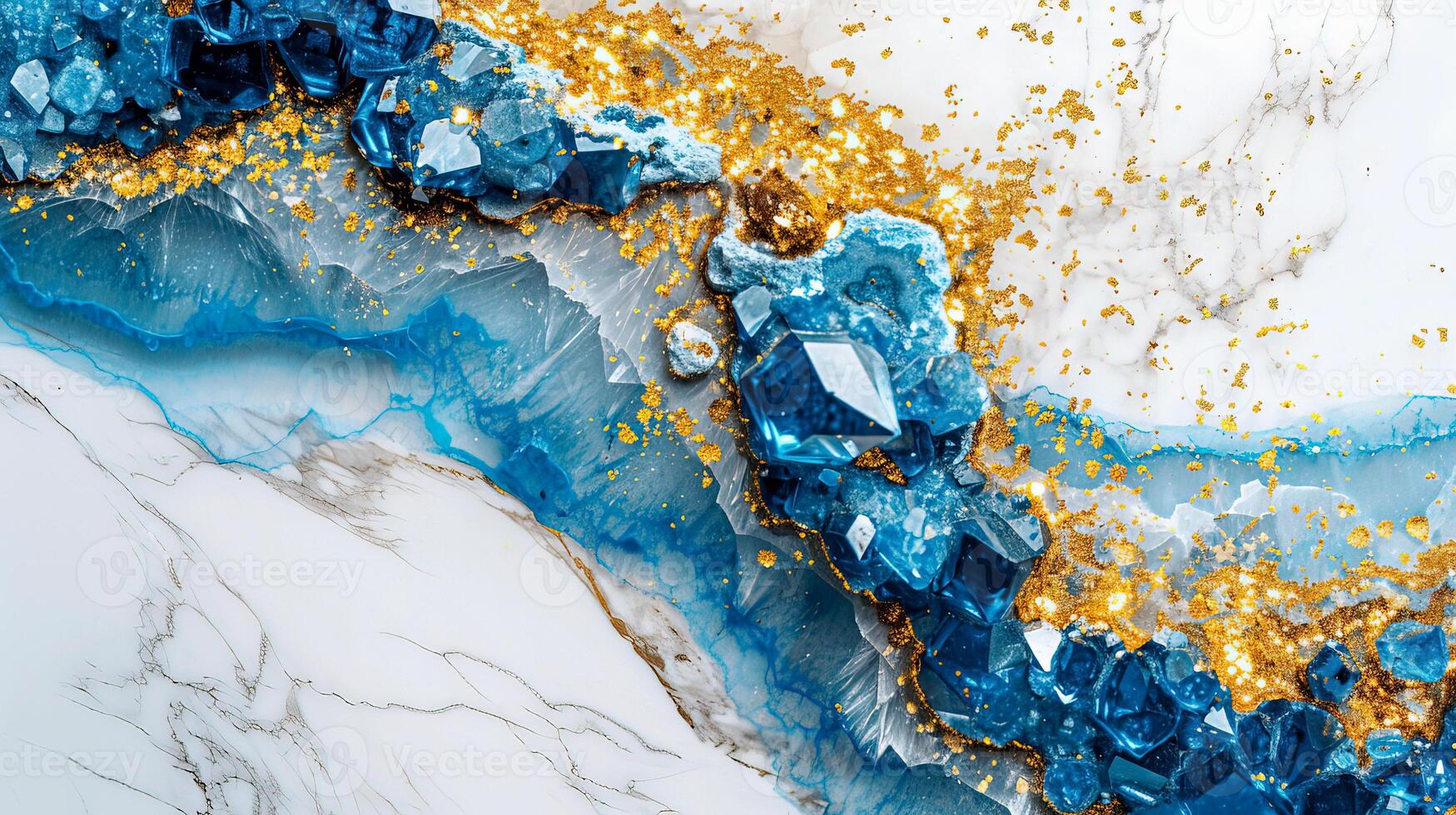 Abstract artistic composition featuring blue and gold crystalline structures against a marble-like background, showcasing textures and contrast. photo