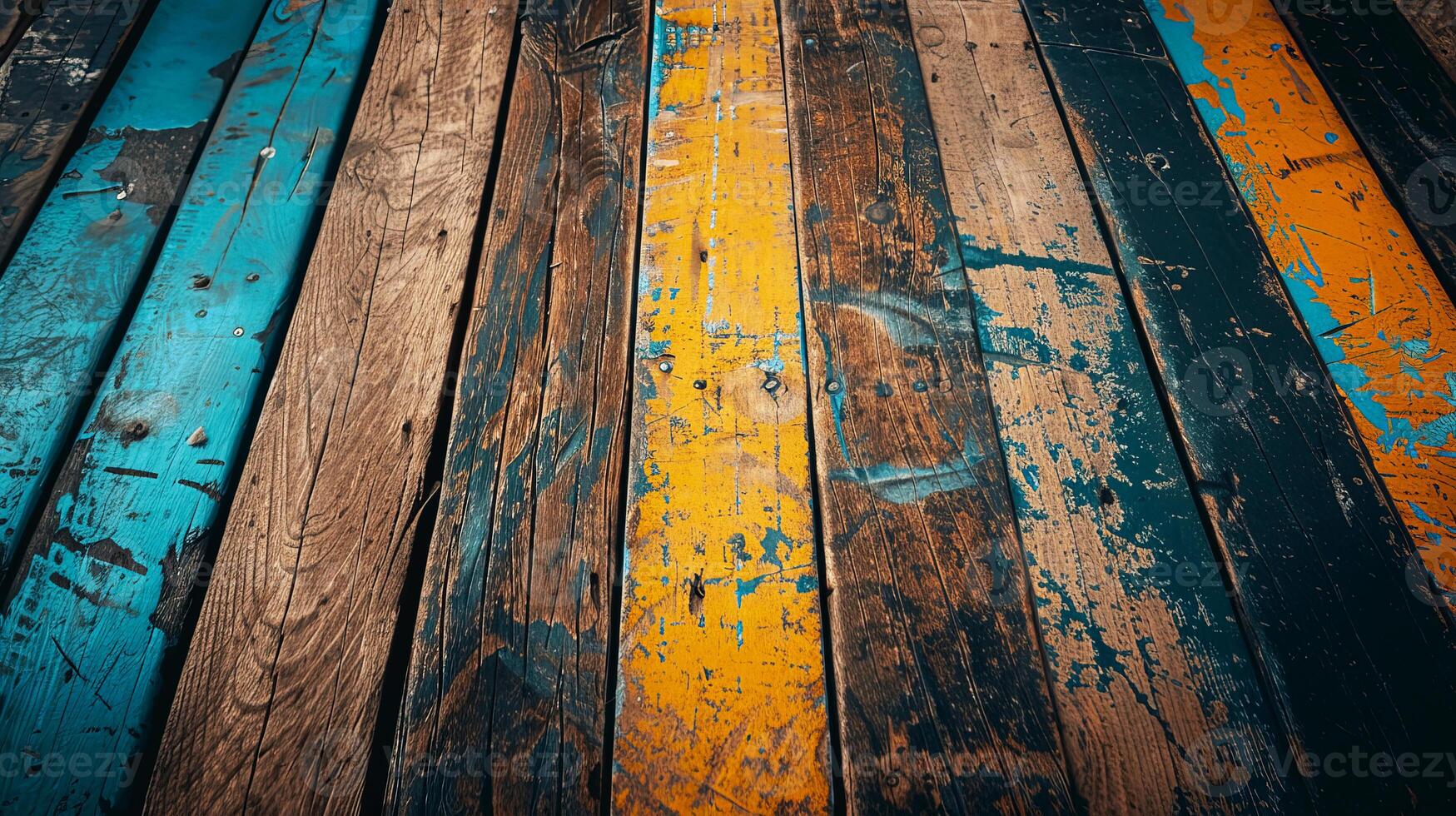 Vibrant wooden planks showcase a blend of teal, brown, and yellow hues. Ideal for backgrounds or rustic themes. photo