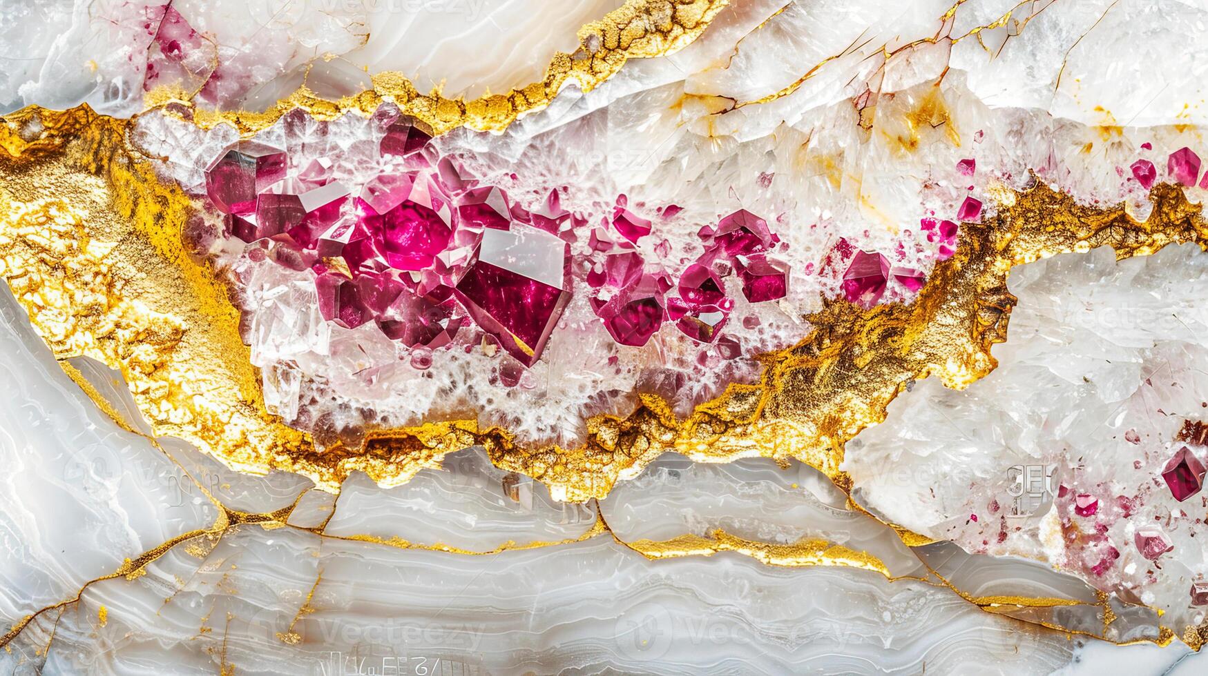 Close-up of vibrant red and gold crystals embedded in a beautiful white marble texture, showcasing natural elegance and opulence. photo