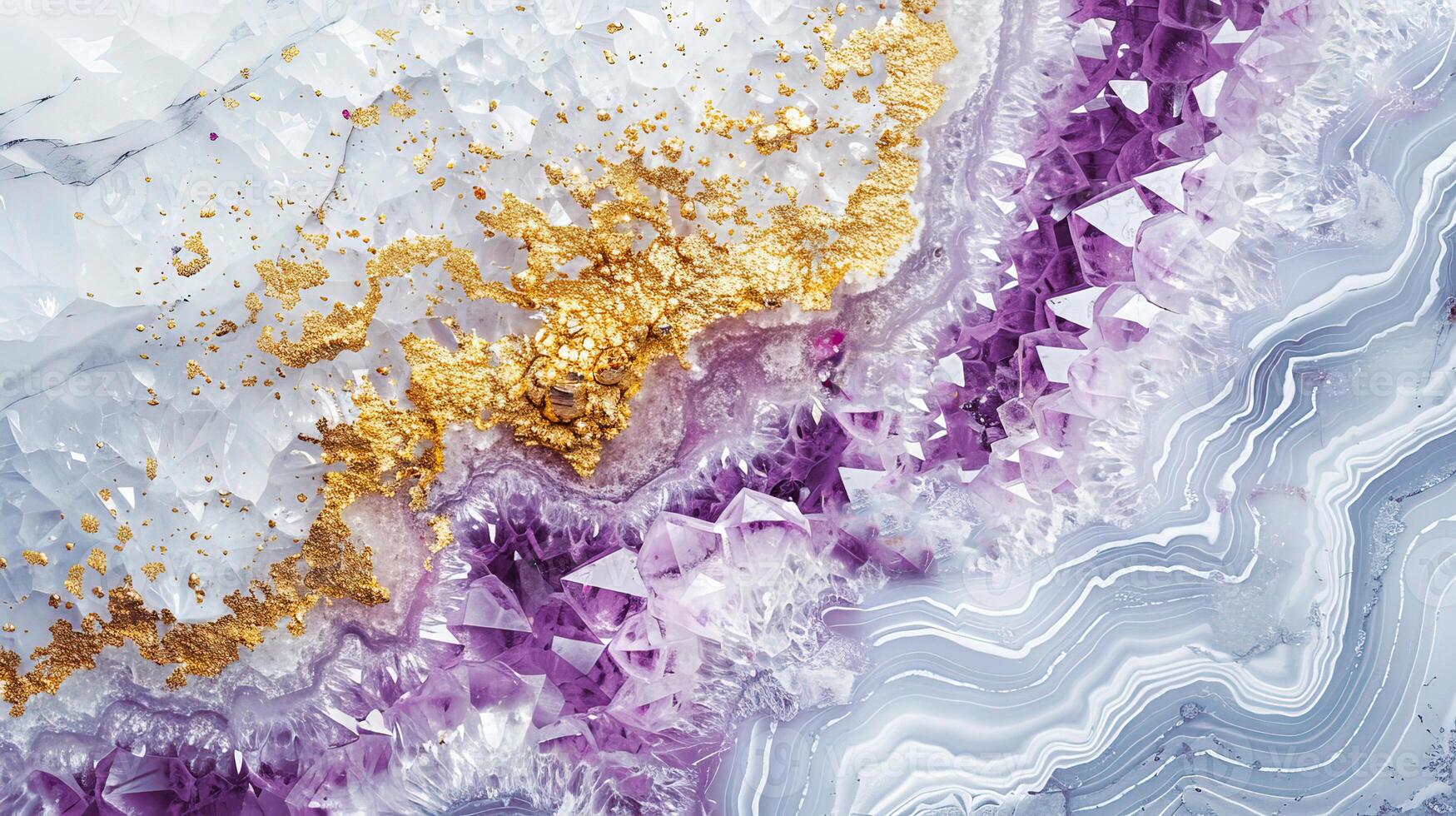 Close-up of purple and white crystal geode with gold veins, showcasing the intricate natural patterns and textures of the mineral formations. photo