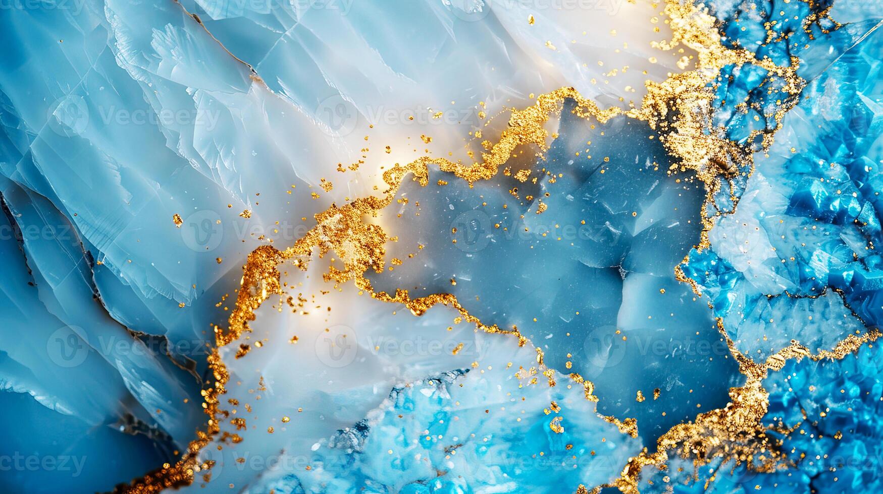 A stunning abstract image with blue and white swirls interspersed with golden accents, resembling the texture of agate or marble. photo