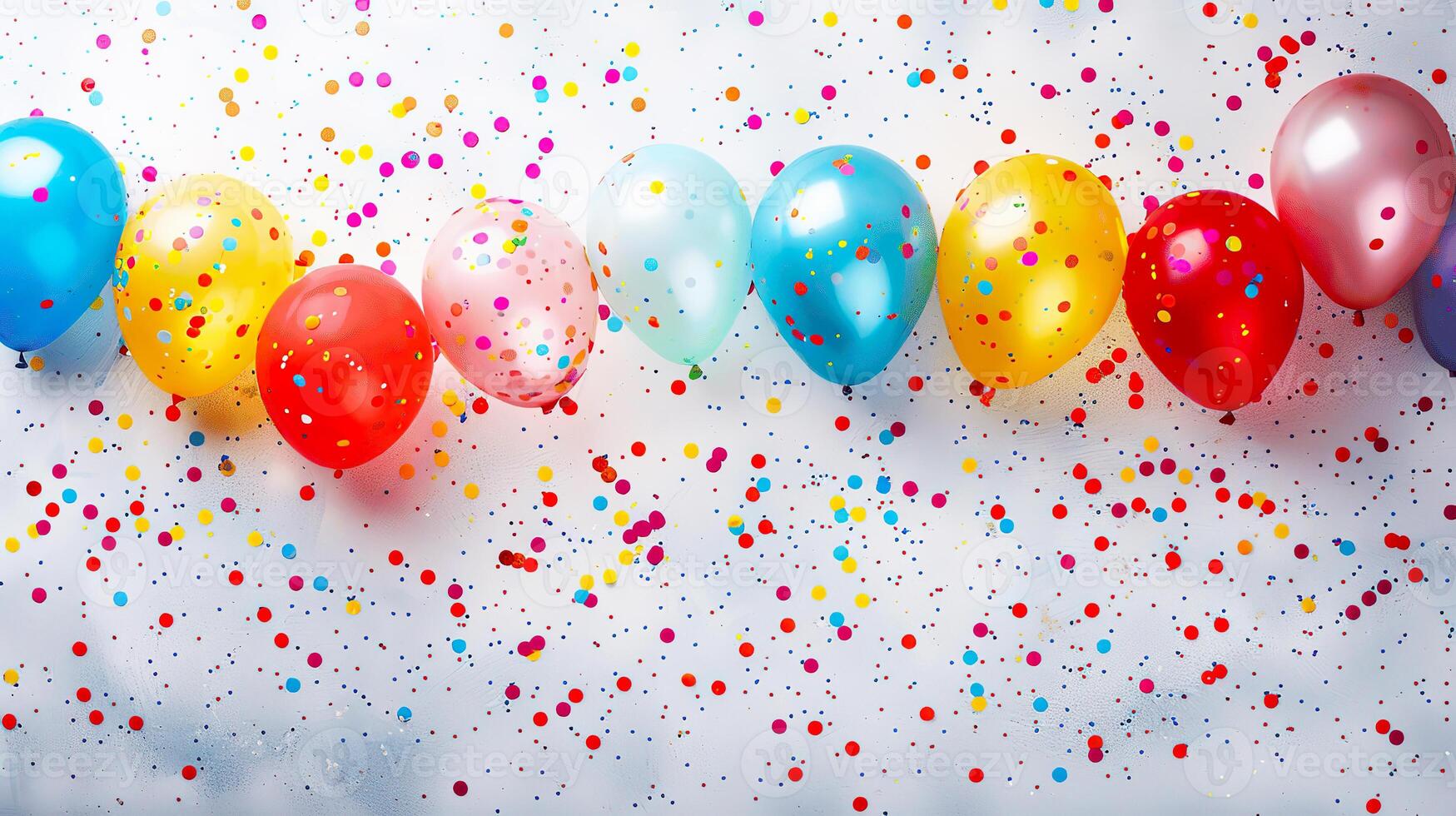 Colorful balloons and confetti are scattered on a white background, creating a festive and joyful celebration atmosphere. photo