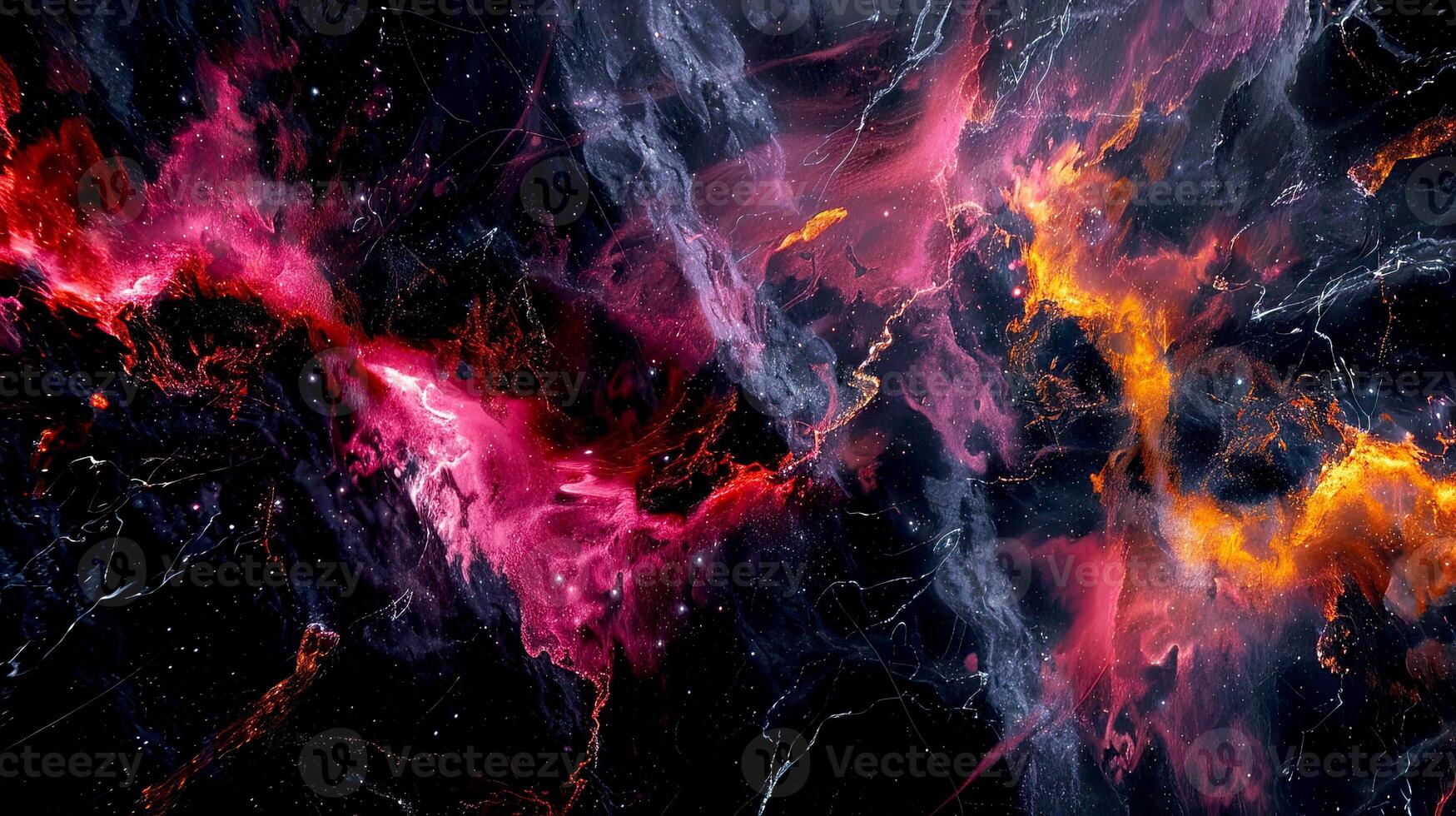 Abstract cosmic nebula with vibrant colors and swirling clouds creating a dynamic, otherworldly scene in deep space. photo