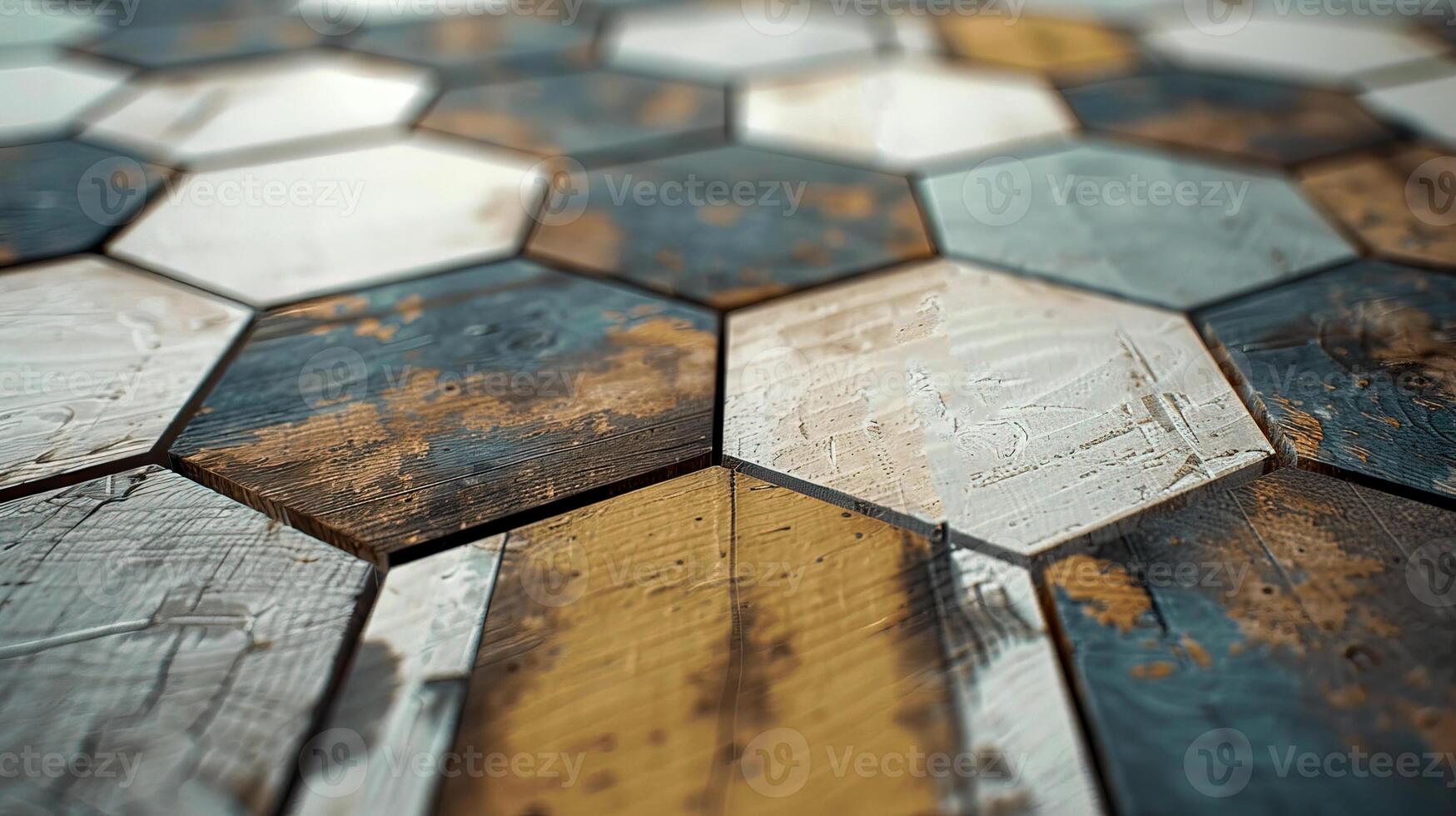 Close-up of a textured hexagonal wooden pattern featuring rustic and colorful tones, blending contemporary design with natural aesthetics. photo