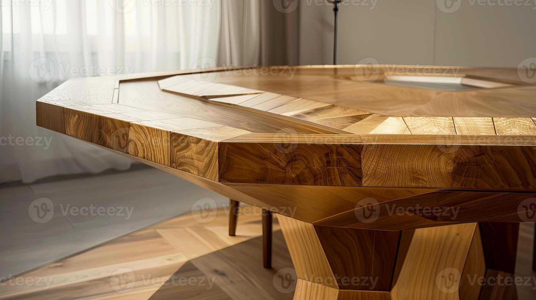 Close-up of a modern wooden table with a geometric design, bathed in warm sunlight, highlighting its intricate craftsmanship. photo