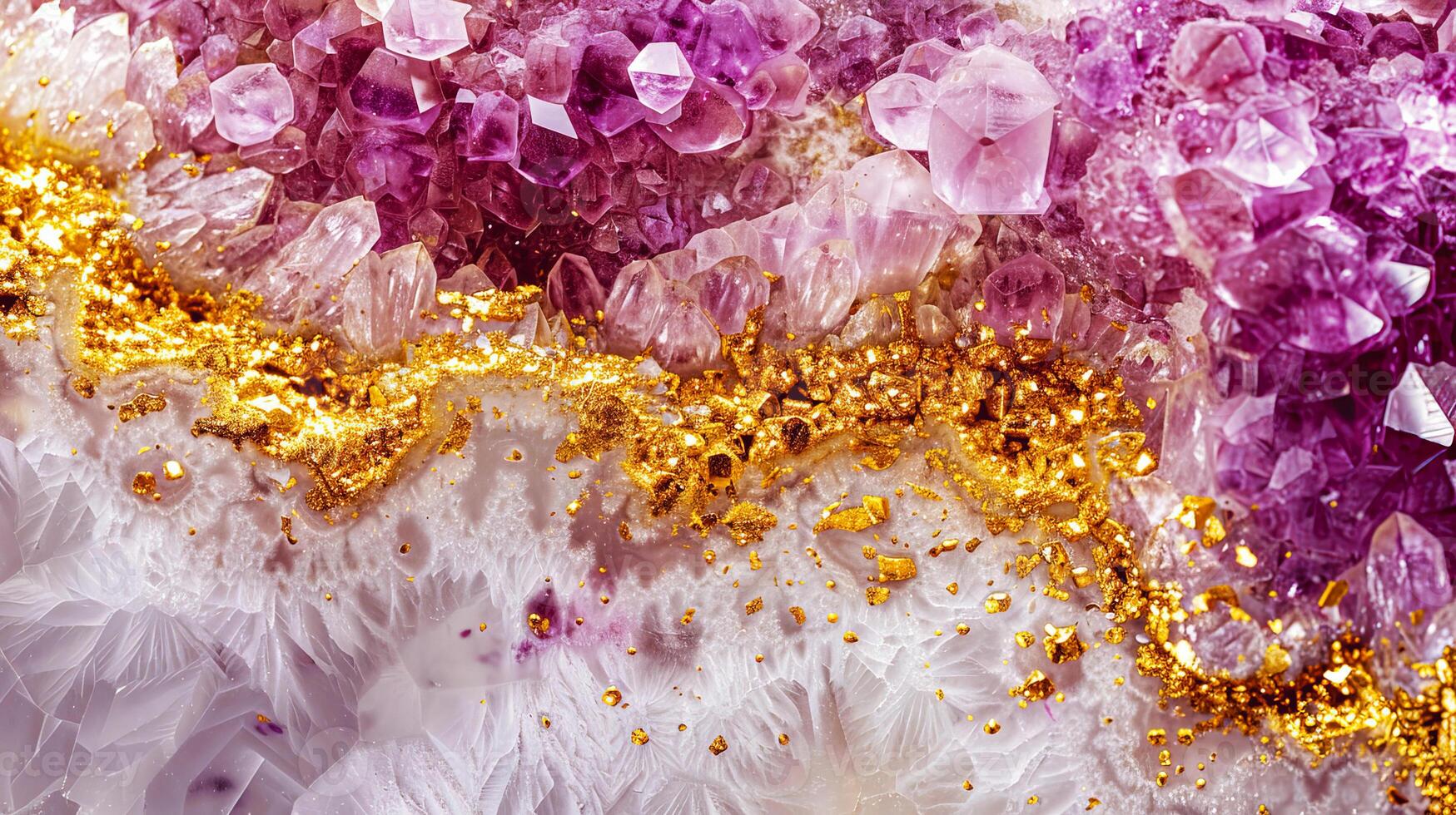 Stunning close-up of purple and gold crystals creating a beautiful, intricate pattern. Perfect for backgrounds, textures, or design concepts. photo
