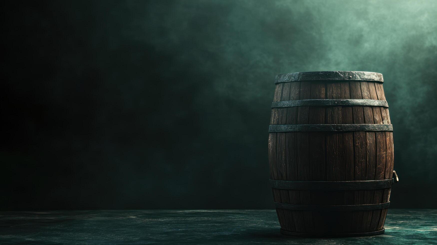 Dark background with an old wooden barrel and empty space photo