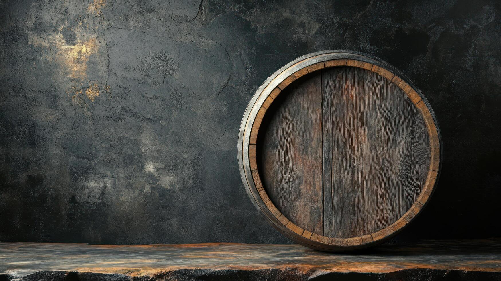 Dark background with an old wooden barrel and empty space photo