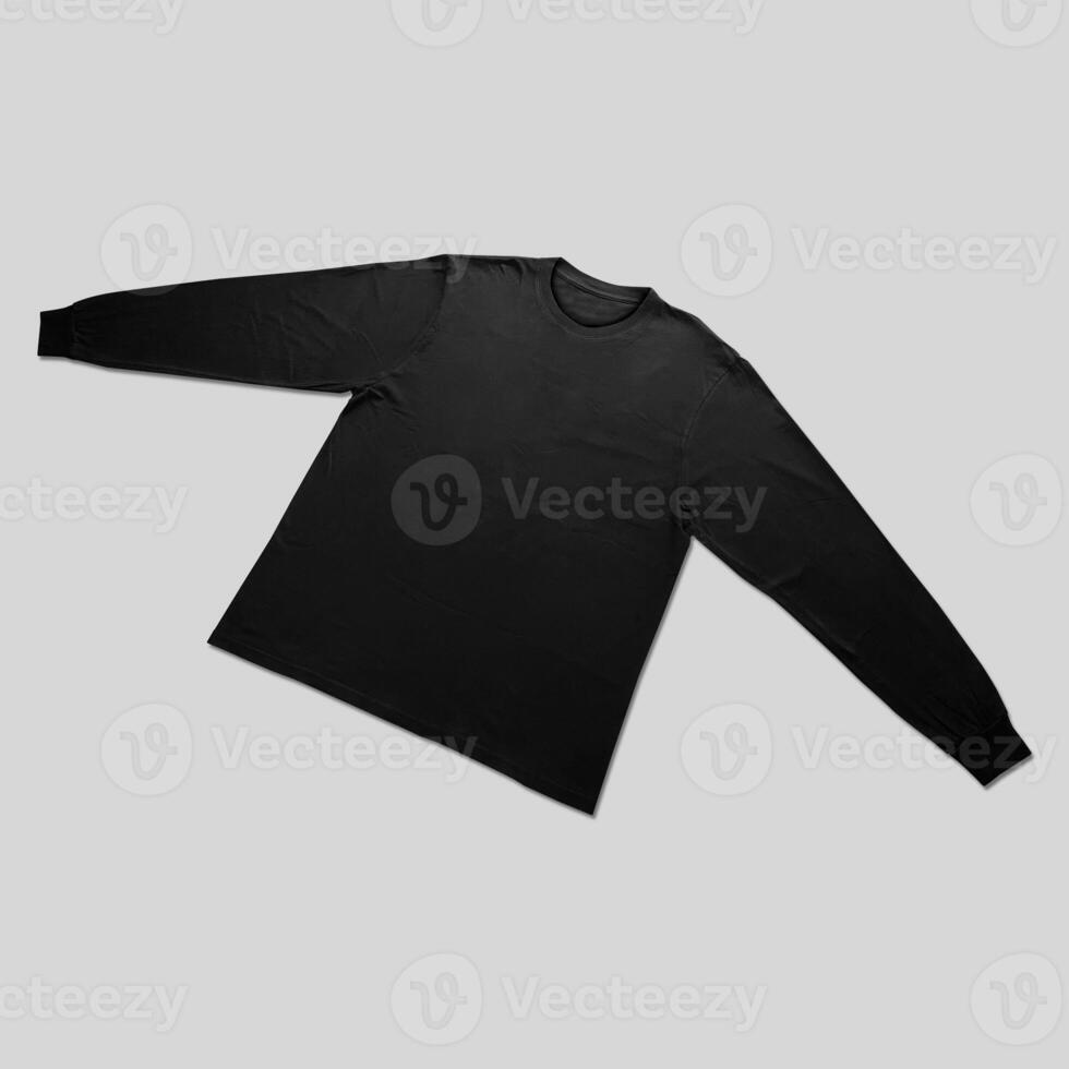 Blank black long sleeve t shirt front and back mockup, isolated on clean background with clipping path. Long sleeve flatlay Template for design and print. photo