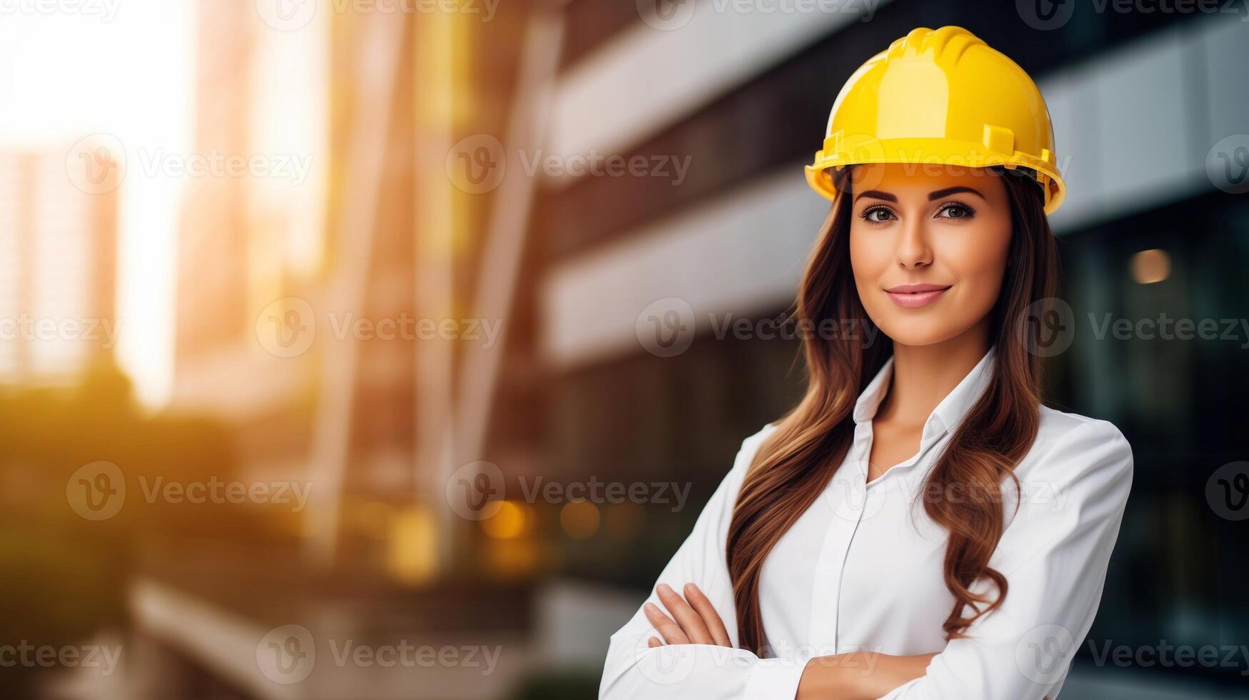 A woman in a hard hat standing in front of a building photo