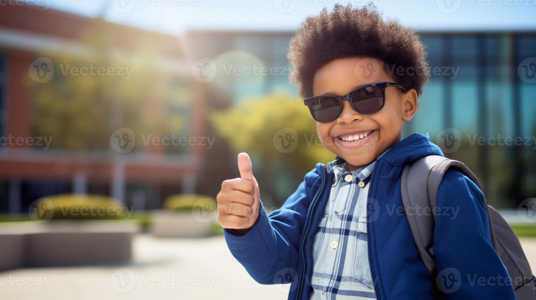 A young boy with sunglasses and a backpack giving the thumbs up photo