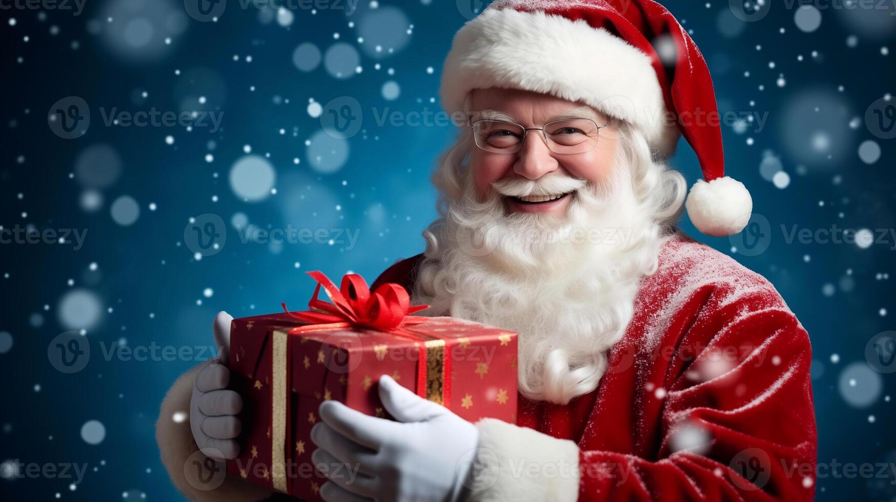 Santa claus with a gift box on a snowy background photo