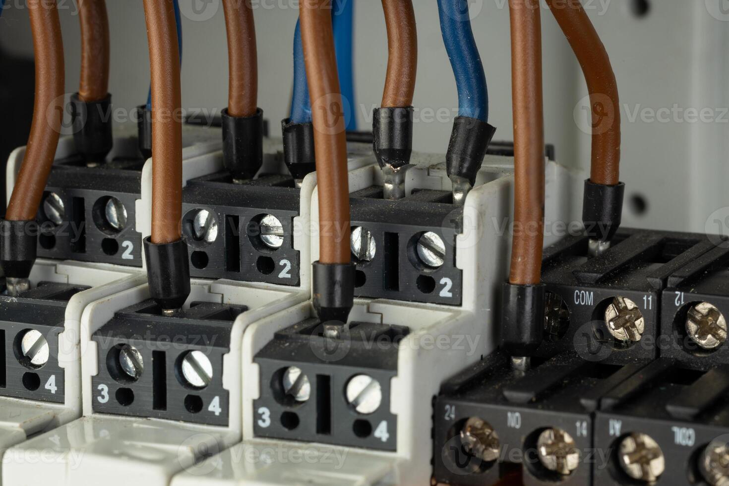 Close up of electrical terminal blocks with connected wires photo