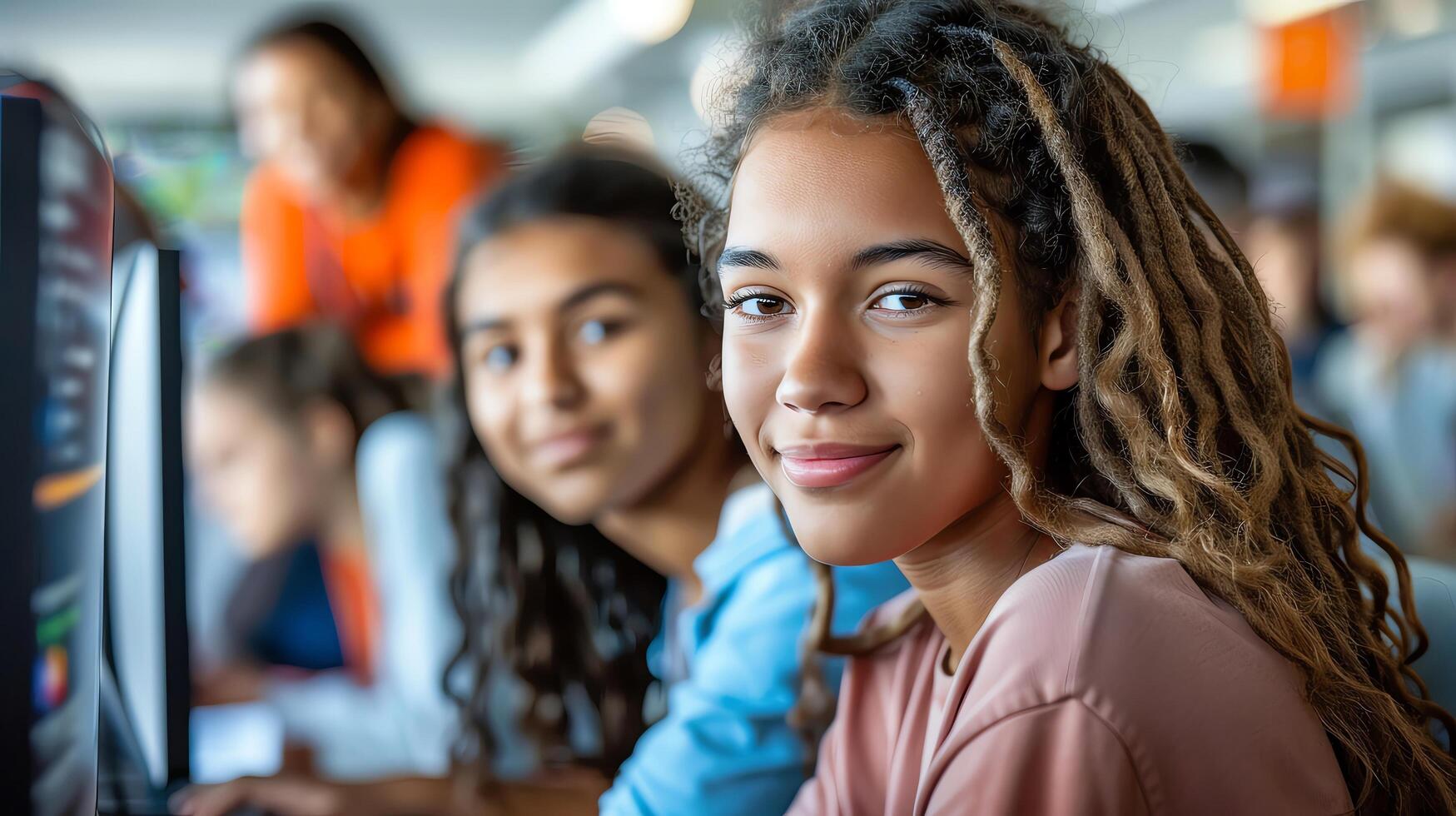 Group of students working on a computer coding project in the classroom, with space for text. photo
