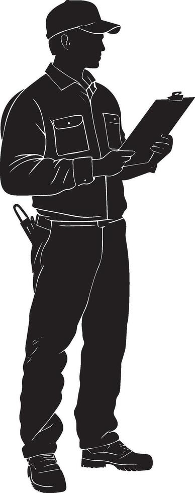 Auto mechanic holding a clipboard full length silhouette black vector