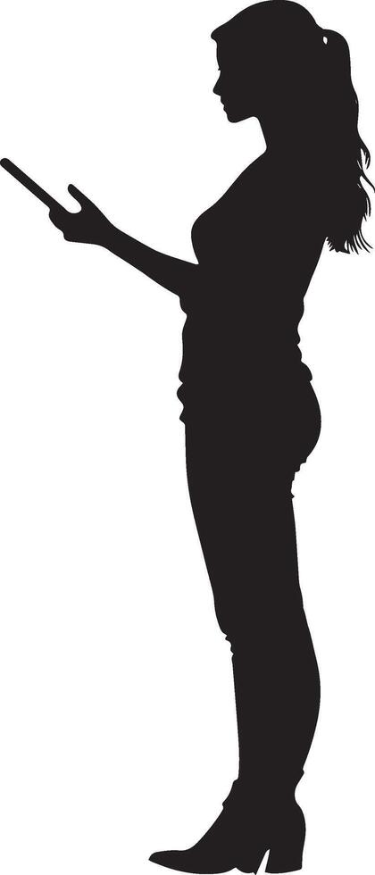 Young woman holding tablet with hand pointing to empty space full length silhouette black vector