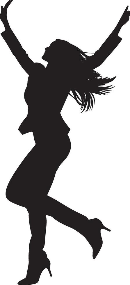 Happy business woman dancing or jumping full length silhouette black vector