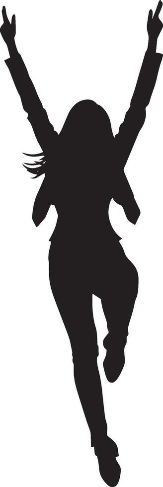 Happy business woman dancing or jumping full length silhouette black vector