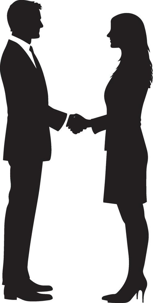 Businessman and businesswoman shaking hand full length silhouette black vector