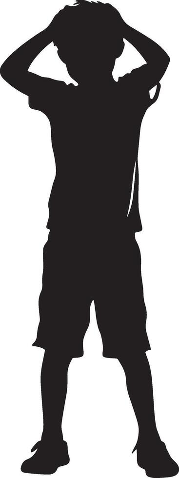 Young boy excitement with hands on head full length silhouette black vector