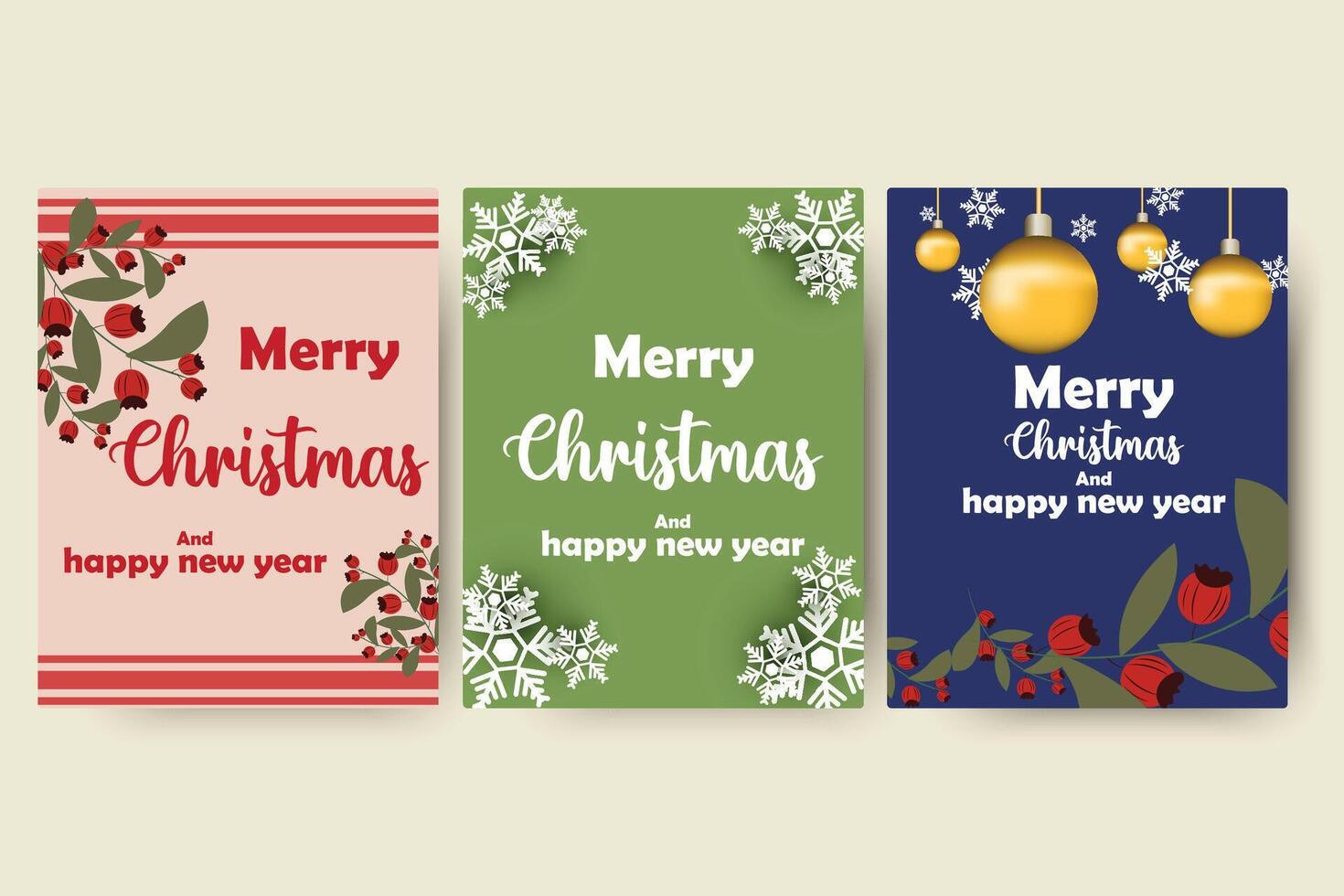 Set of Christmas and Happy New Year cards. Flower and leaf card template. Retro and trendy style. greeting card design elements vector