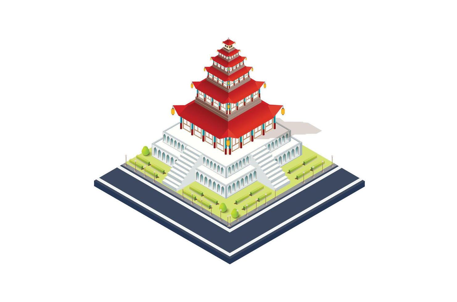 Chinese pagoda illustration isometric icon. Asian buildings Temples historic city vector
