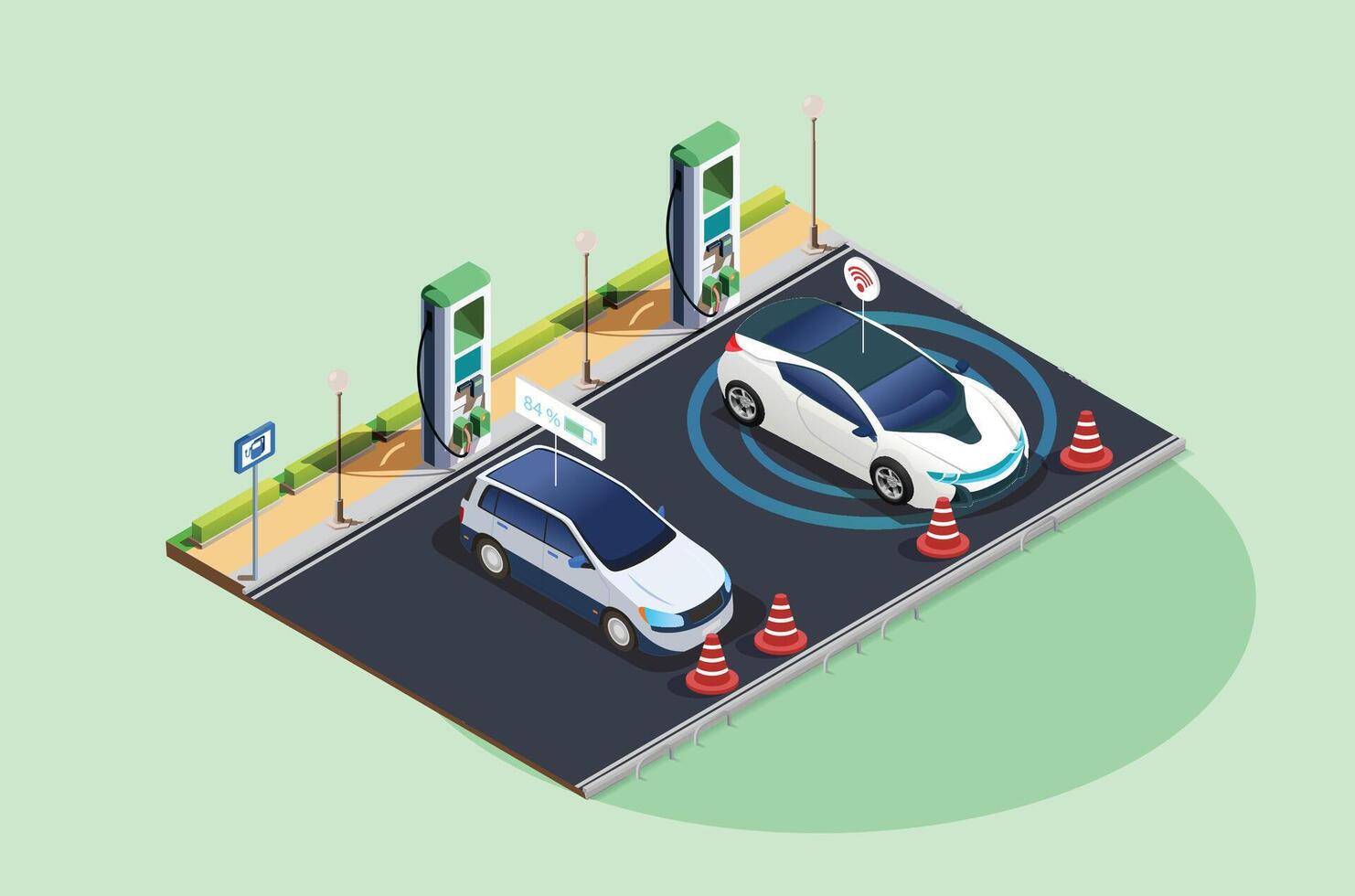 Isometric free electric car parking and charging. Ecological green planet concept. Suitable for Diagrams, Infographics, Book Illustration, Game Asset, And Other Graphic Related Assets vector