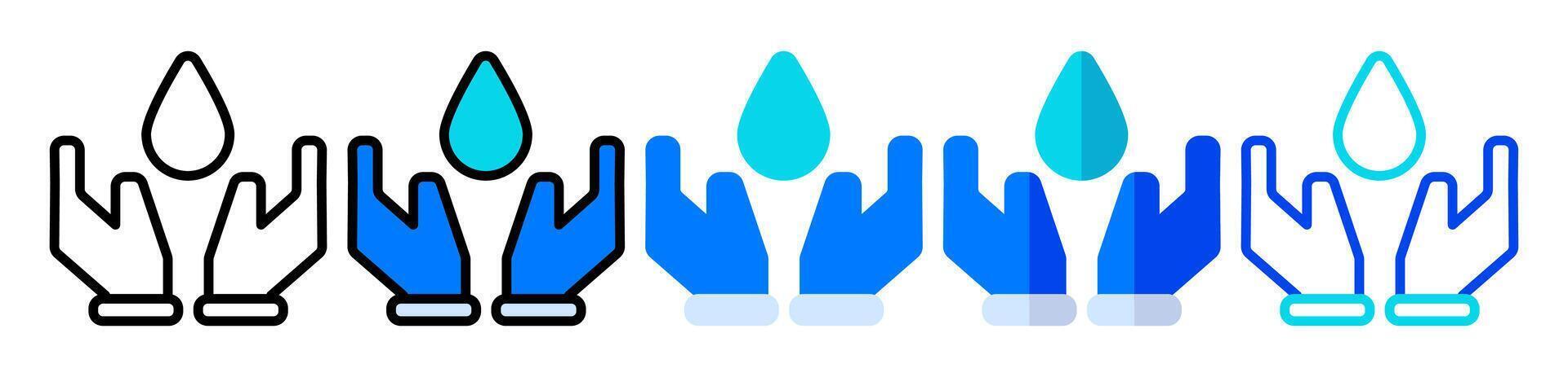 Water drop icon, illustration of hands and water in line, flat and filled styles is suitable as a symbol of the water cycle and springs. vector
