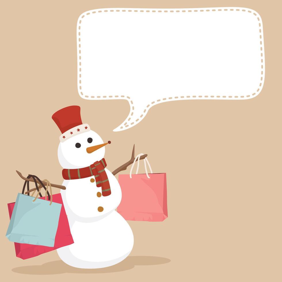 Snowman hanging shopping bags childish style have blank speech bubble graphic illustration. Merry Christmas greeting card square template. vector
