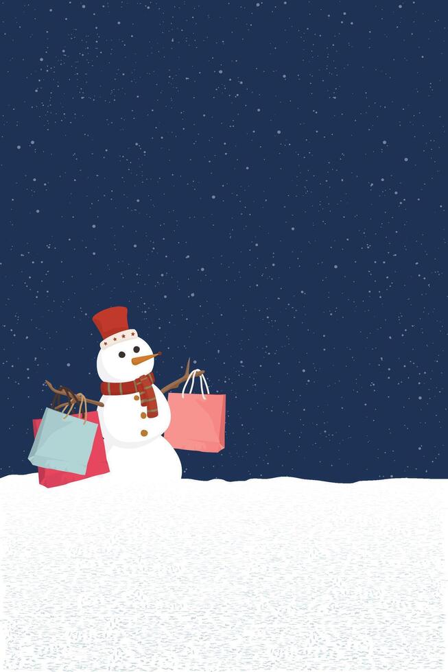 Snowman with shopping bags in Christmas eve at minimalist snowscape graphic illustration have blank space. Merry Christmas greeting card vertical template. vector