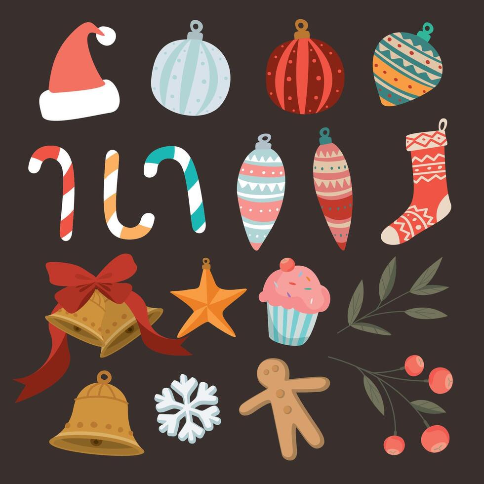 Colorful Christmas decoration elements isolated hand drawn childish style graphic illustration. vector